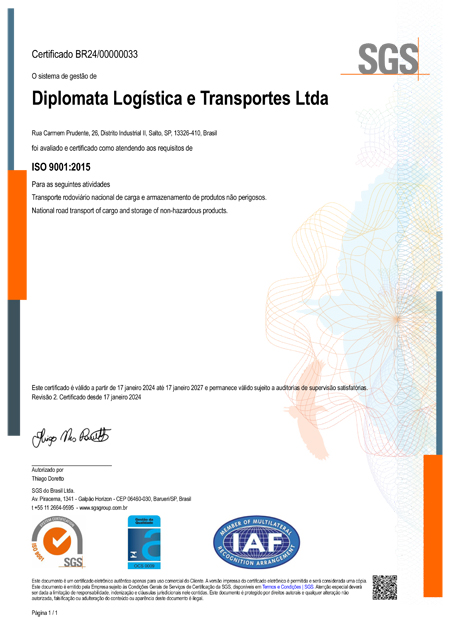 Certificado ISO 9001:2015 da Diplomata Logística e Transportes Ltda