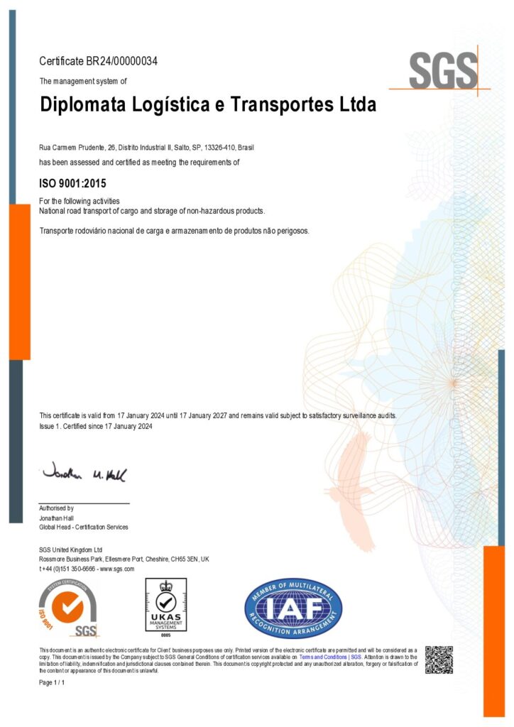 Certificado UKAS da Diplomata Logística e Transportes Ltda